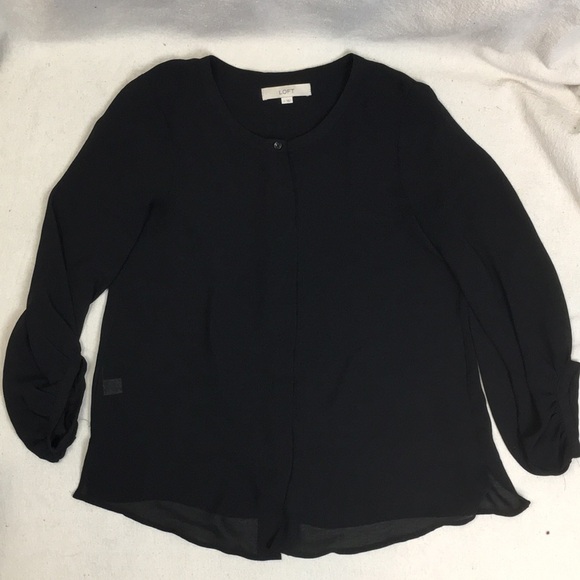 Ann Taylor Loft Blk semi Sheer blouson sleeve top - Picture 2 of 8